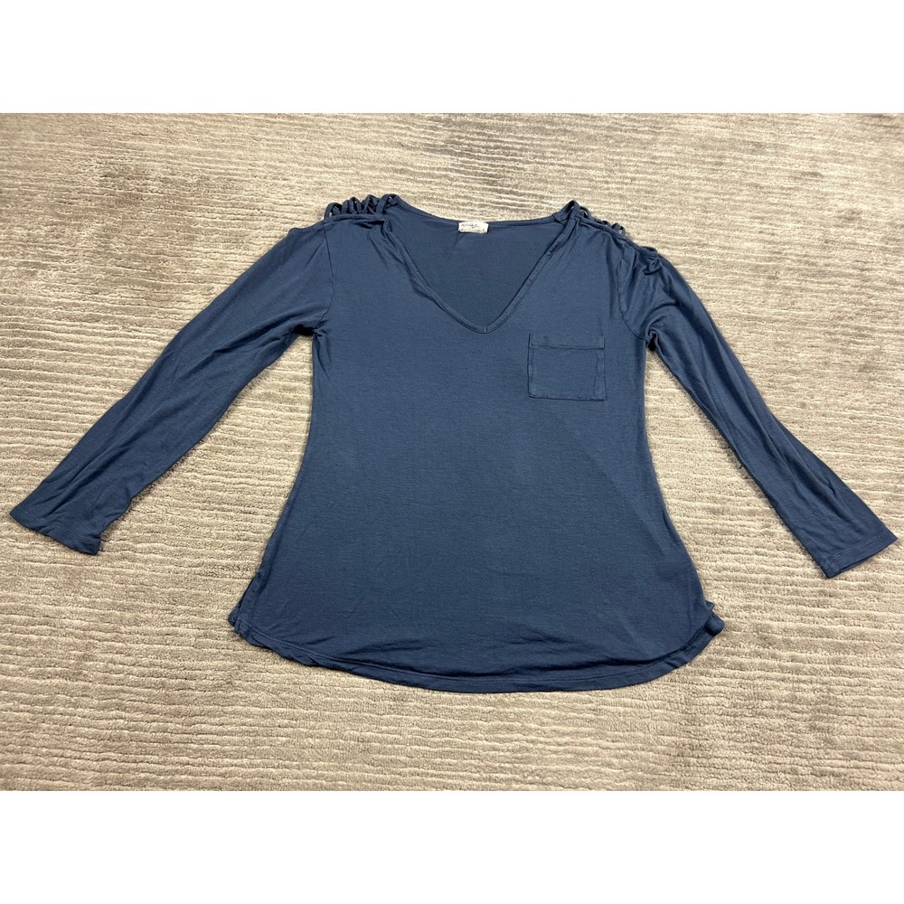 Glitz Long Sleeve Top Womens Large Blue V-Neck Cage Shoulder Pocket Curved Hem
